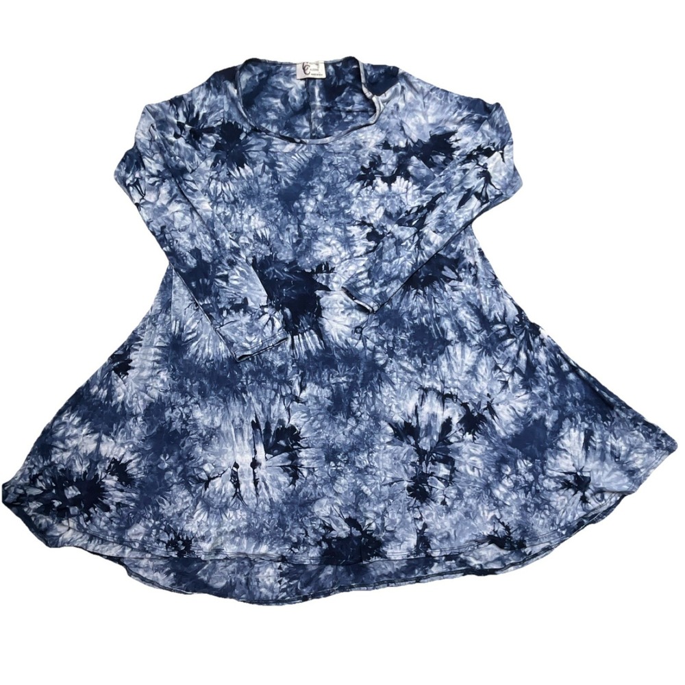 Christian Caliendo Blue White Tie Dye Long Sleeve A-Line Knee Length Dress